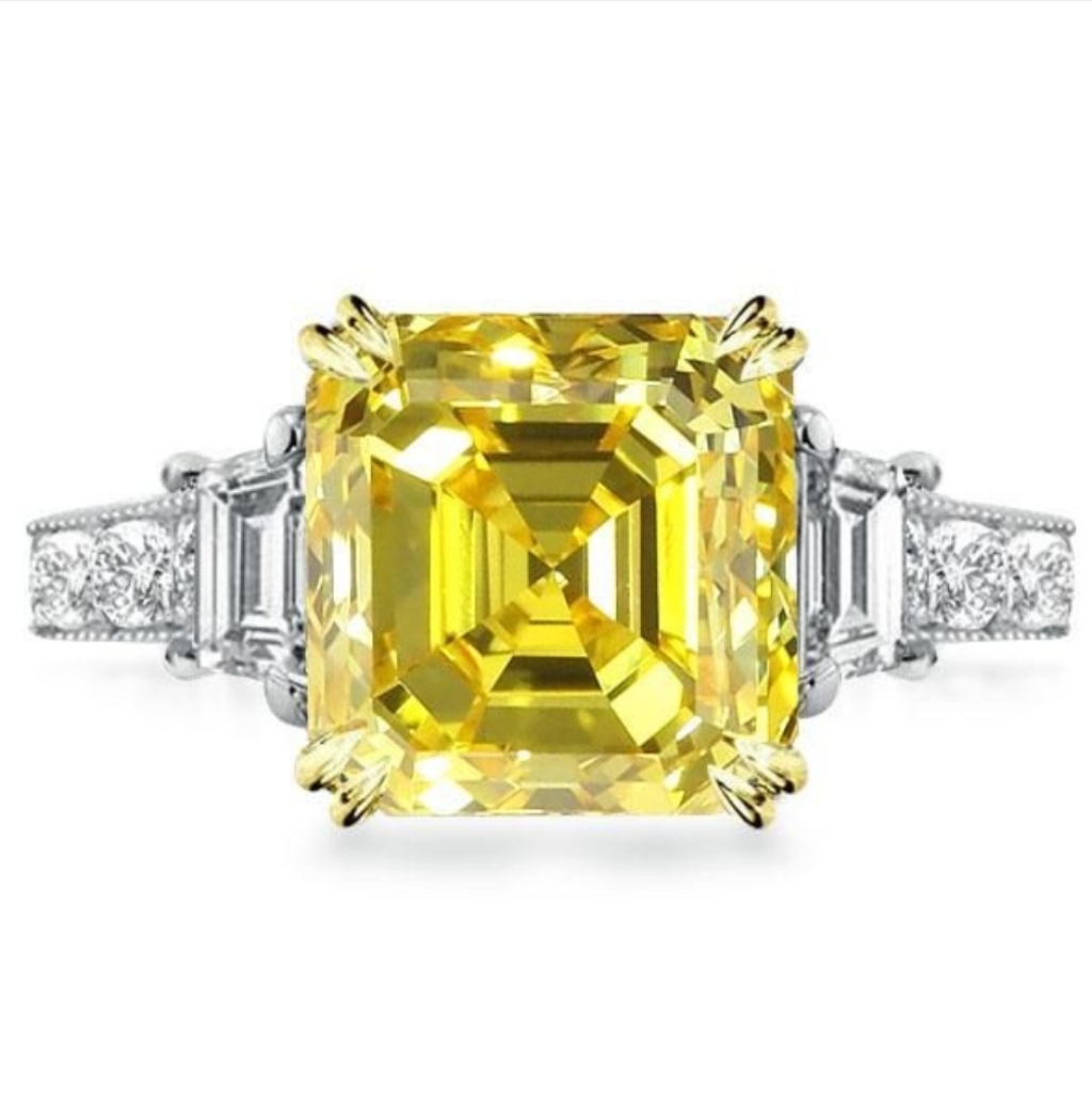 Three Stone Double Prong Milgrain Asscher Yellow Engagement Ring